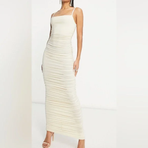 Dresses | Club L London Ruched Midi Cami Dress In Natural | Poshmark